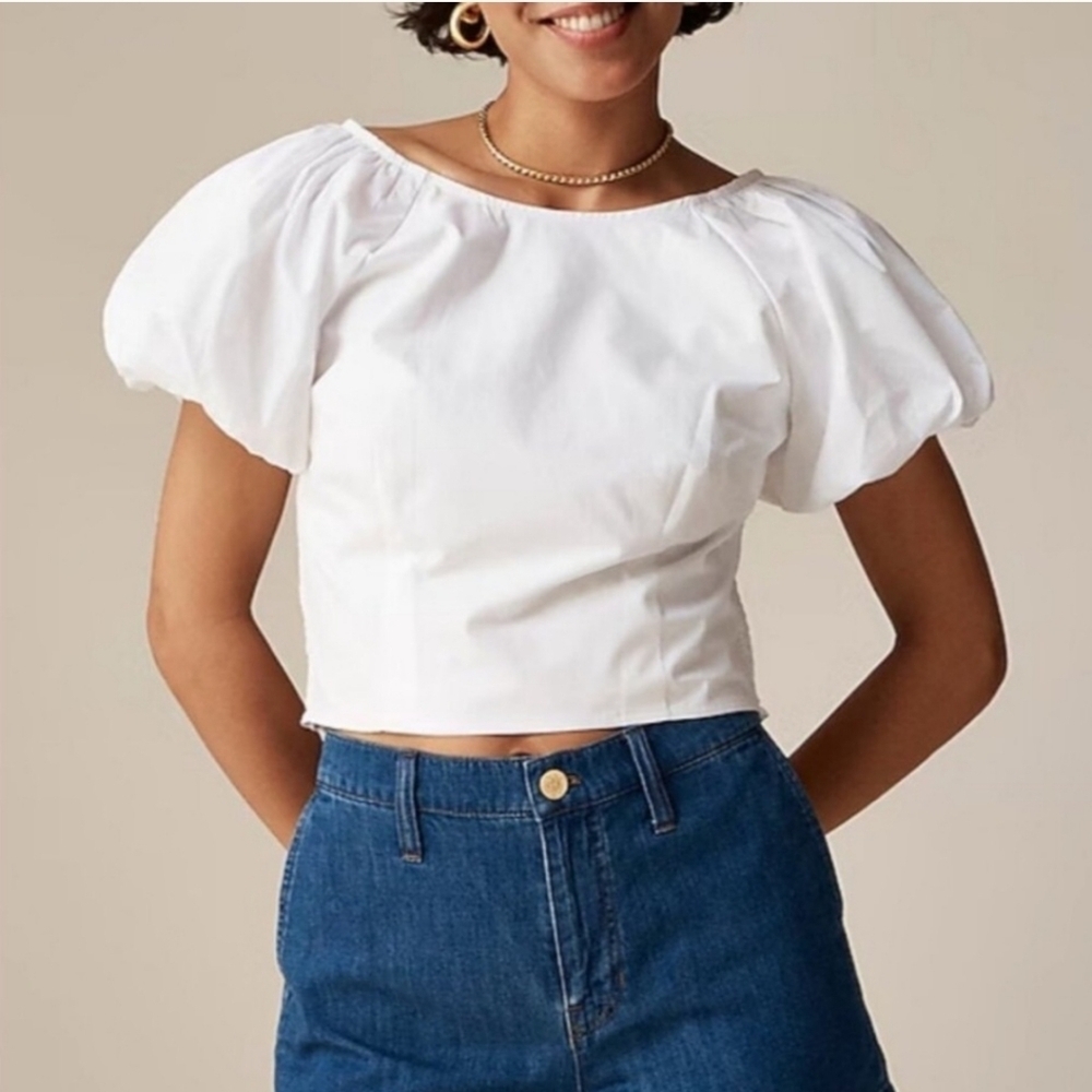 J.Crew Fitted Puff Sleeve Top White Size 10 CA593 NWT